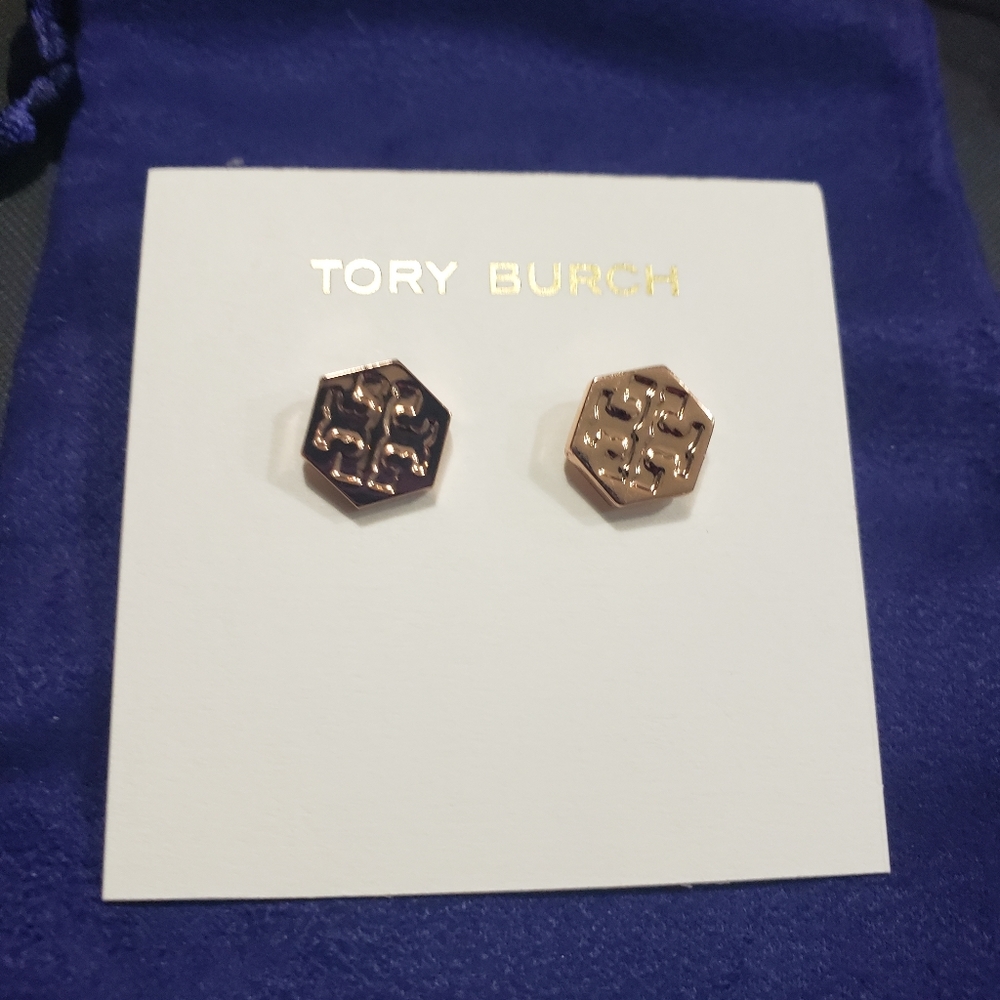 Tory Burch Hexagon Logo stud earrings, Rose Gold,